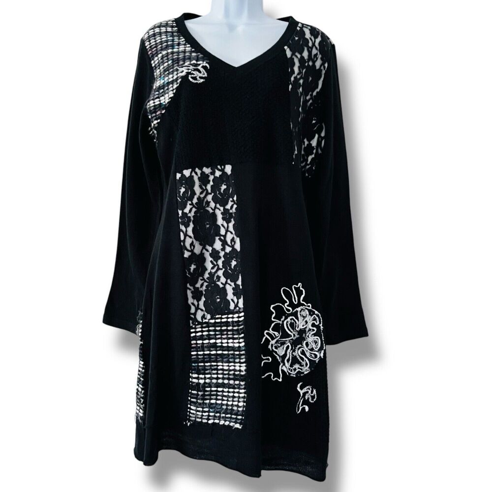Emma G Large Embellished Multi Fabric Black Long Sleeve Sweater Dress Boho